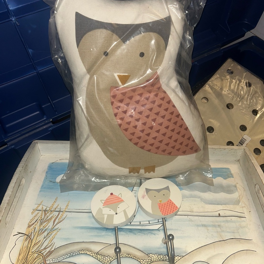 3pc set Owl Design Pillow with Pink and matching hooks for hanging.